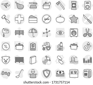 Editable thin line isolated vector icon set - tools, bone, medical cross vector, scalpel, trip, plane, dry cargo, package, shield, no smoking, speaker, cutting board, link, pan, steam, scissors, axe