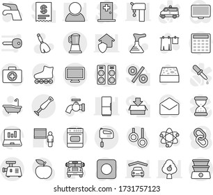 Editable thin line isolated vector icon set - plunger vector, broom, water tap, sponge, bath, drying clothes, blackboard, atom, school bus, laptop graph, calculator, diet, roller Skates, monitor