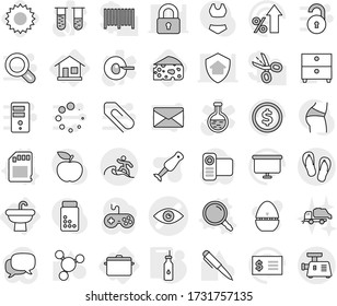 Editable thin line isolated vector icon set - eye vector, surfer, flip flops, home, sink, pan, magnifier, sd card, vegetable oil, sun, cheese, trash truck, cook timer, blender, pen, archive, receipt