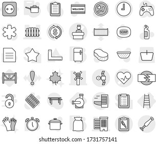 Editable thin line isolated vector icon set - heart pulse vector, hospital recieption, houses, windmill, fence, satellite, clock, clipboard pen, hotel, power socket, stairs, saute pan, fridge, flour
