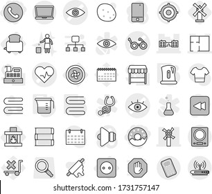 Editable thin line isolated vector icon set - phone, donut, heart pulse vector, eye, pacemaker, school, windmill, plan, inflatable mattress, cooler fan, power socket, toaster, fireplace, kettle