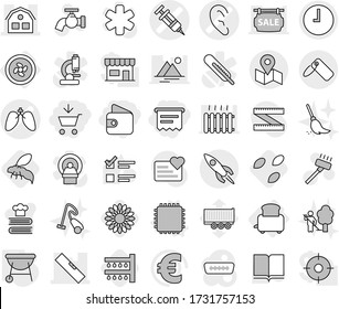 Editable thin line isolated vector icon set - add to cart, wallet, atm receipt, syringe vector, ear, lungs, level, house, clock, map, label, rocket, cooler fan, toaster, cpu, bbq, watering, seeds