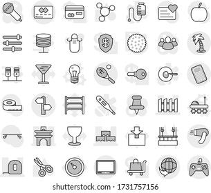 Editable thin line isolated vector icon set - arch, block wall, measuring tape, fence, signpost, delivery, credit card, palm, tennis, inflatable mattress, barometer, bulb vector, lunar rover, apron