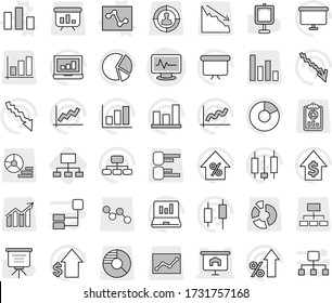 Editable thin line isolated vector icon set - monitor pulse vector, presentation, chart, analytics, hierarchy, graph, pie, japanese candle, laptop, crisis, percent growth, dollar, board, report