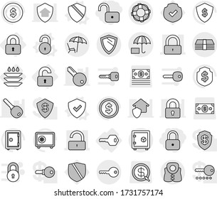 Editable thin line isolated vector icon set - lock, unlock, money, insurance, lounger, key, safe, shield, life vest, lifebuoy, locked, unlocked, plate washing, vector, dollar coin, protected, arrow