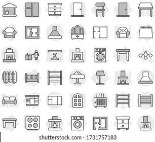 Editable thin line isolated vector icon set - door, arch window, plan, rack, restaurant, curtain, table, nightstand, chest of drawers, wardrobe, dresser, stool, chair, armchair, crib, fireplace, hob