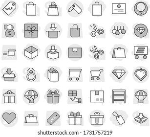 Editable thin line isolated vector icon set - gift, shopping bag, box, label, sale, delivery, diamond, necklace, heart vector, package, hi quality, parachute, pendant, rack, certificate, cart, money