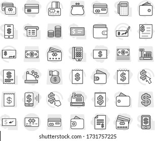 Editable thin line isolated vector icon set - credit card, receipt, account balance, mobile pay, wallet, cashbox, vector, check, dollar cursor, coin stack, purse, money, gift, reader, tap