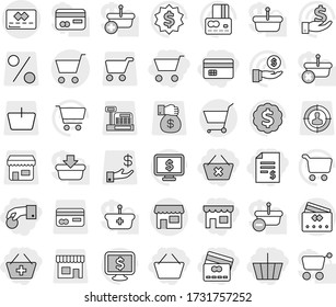 Editable thin line isolated vector icon set - cart, basket, hand coin, credit card, account balance, add to, delete, shop, vector, investment, dollar medal, monitor, target audience, money gift
