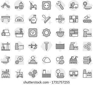 Editable thin line isolated vector icon set - nail, hangare, factory, port, customs control, fork loader, warehouse scales, railroad shipping, power socket, table, vector, press, ladle, pipes, plow