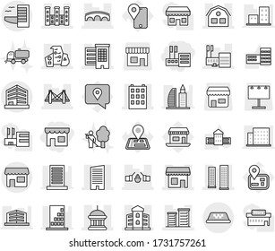 Editable thin line isolated vector icon set - shop, store, bridge, drawbridge, houses, goverment house, building, skyscrapers, skyscraper, mall, modern architecture, district, palace, office, taxi