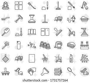Editable thin line isolated vector icon set - washing, filter vector, rag, scraper, cleaner trolley, vacuum, mop, car fetlock, window cleaning, toilet brush, agent, shining, sweeper, skysrcapers