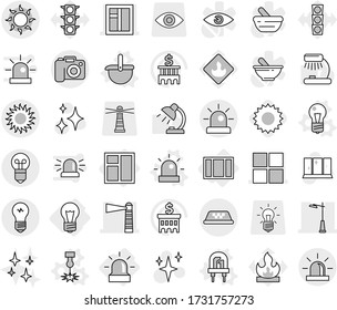 Editable thin line isolated vector icon set - lighthouse, window, outdoor light, taxi, sun, camera, bulb, alarm, vector, led, ladle, laser, siren, shining, table lamp, bank building, traffic, eye
