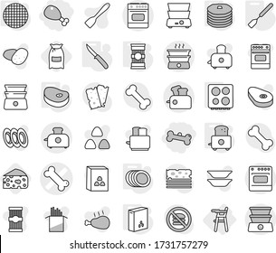 Editable thin line isolated vector icon set - chicken leg, bone, vector, Chair for babies, spatula, knife, toaster, hob, plates, sieve, cereals, pasta, steake, pancakes, flour, cheese, oven, cereal