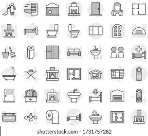 Editable thin line isolated vector icon set - hospital bed vector, hangare, arch window, plan, hotel, do not distrub, sink, bath, wardrobe, dresser, door, fireplace, toilet, paper, water closet, tap