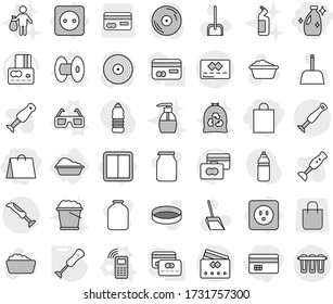 Editable thin line isolated vector icon set - credit card, shopping bag, cleanser, power socket, switch, washing, coil vector, mobile phone, 3d glasses, blender, scoop, foam basin, garbage, trash