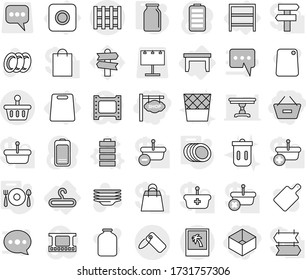 Editable thin line isolated vector icon set - remove from basket, box, shop signboard, label, pallet, photo, ring button, table, hanger, rack, cutting board, battery vector, plates, fork spoon plate