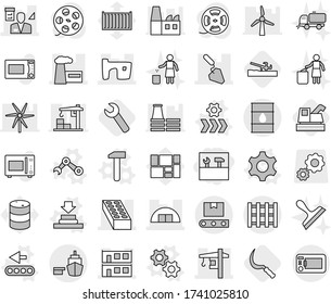 Editable thin line isolated vector icon set - tools, slum, hangare, modular house, brick, factory, construction, tower crane, architector, port, barrel, transporter tape, pallet, gear vector, gears