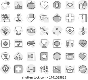 Editable thin line isolated vector icon set - dollar pin, equalizer, wineglass, medical cross vector, crutch, dropper, hat, brick, dome house, vip fence, ring button, laser, setup, analytics, tomato