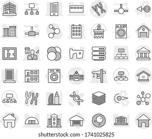 Editable thin line isolated vector icon set - home, chromosomes vector, hospital, building, skyscraper, bunker, slum, hangare, modular house, district, tower crane, architector, office, garage, barn