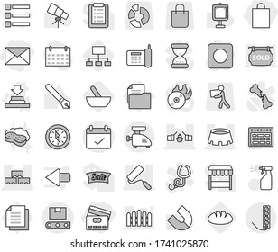 Editable thin line isolated vector icon set - credit card, shopping bag, mail, drawbridge, block wall, repair, stadium, terms, transporter tape, press vector, mortar, hierarchy, bread, sprayer, pen