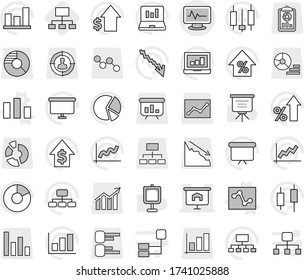 Editable thin line isolated vector icon set - monitor pulse vector, presentation, chart, analytics, hierarchy, graph, pie, japanese candle, laptop, crisis, percent growth, dollar, board, report