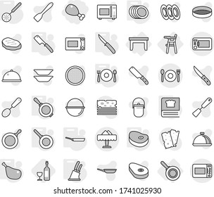 Editable thin line isolated vector icon set - chicken leg, cafe, restaurant, table, Chair for babies, pan, skimmer, knife holder, chef, cooking book, plates, fork spoon plate, steake, wine, spatula