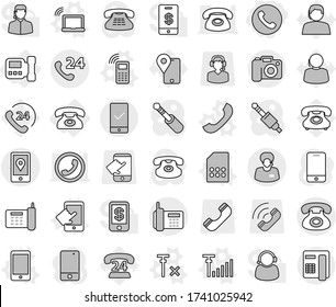 Editable thin line isolated vector icon set - phone, 24, support manager, mobile location, checking, camera, intercome, vector, laptop wifi, touchscreen, sim card, antenna signal, no, traking, call