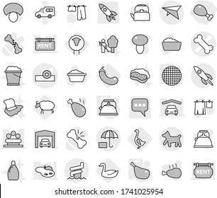 Editable thin line isolated vector icon set - chicken leg, head reflector vector, bone, flower bed, insurance, rocket, deltaplane, aquapark, dog, kettle, sieve, sheep, goose, eggplant, foam basin