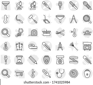 Editable thin line isolated vector icon set - pencil, scales, magnifier, funnel, medical thermometer vector, pipette, stethoscope, doctors hammer, measuring tape, sand clock, barometer, kitchen