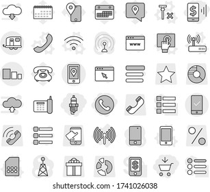 Editable thin line isolated vector icon set - add to cart, mobile pay, spark plug, phone, location, sorting, trailer, checking, wireless, vector, touchscreen, sim card, router, no signal, traking