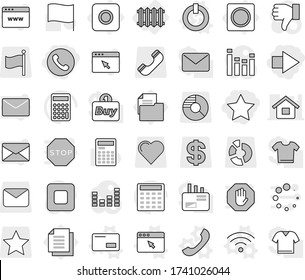Editable thin line isolated vector icon set - star, right arrow, phone, ring button, radiator, on off vector, envelope, wireless, browser window, calculator, flag, document, dollar, circle diagram