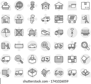 Editable thin line isolated vector icon set - box, delivery, cargo stoller, warehouse, truck shipping, car, scooter, package, trolley, dry, do not hook sign, courier, search, sea container vector