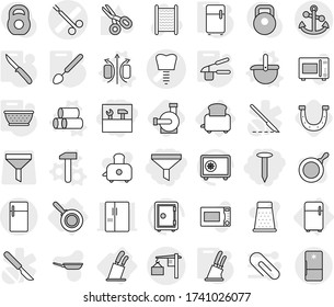 Editable thin line isolated vector icon set - funnel, tools, nail, tooth implant vector, surgical clamp, loading, anchor, fridge, toaster, stands for knives, pan, magnetic field, ladle, pipes, safe