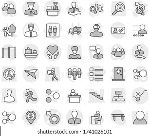 Editable thin line isolated vector icon set - wc, dollar pin, list, male sign vector, health care, stairs, client, customs control, do not trolley, security man, deltaplane, check in, vr helmet, run