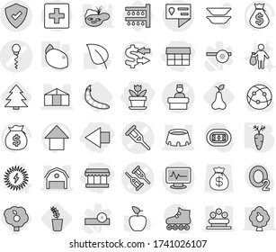 Editable thin line isolated vector icon set - market, left arrow, flower, crutch vector, monitor pulse, sperm, hospital recieption, barn, greenhouse, bed, stadium, location details, protected, lemon