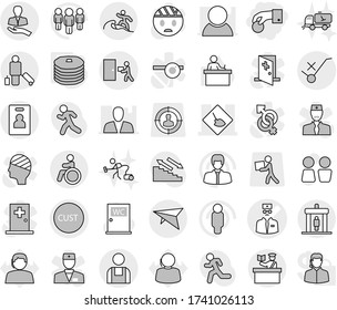 Editable thin line isolated vector icon set - hand coin, doctor vector, under construction, client, customs, do not trolley sign, courier delivery, workman, deltaplane, detector, passenger, surfer