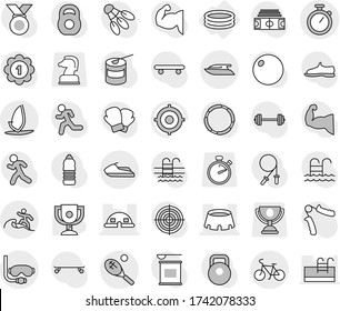 Editable thin line isolated vector icon set - dome house, stadium, stopwatch, bike, diving mask, surfer, tennis, jet ski, yacht, windsurfing, inflatable pool, award cup vector, target, barbell, hoop