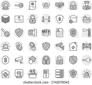Editable thin line isolated vector icon set - lock, lighthouse, smart house, protected, alarm, security man, vip fence, baggage checking, inspector, atm, key, life vest, intercome, vector, farm