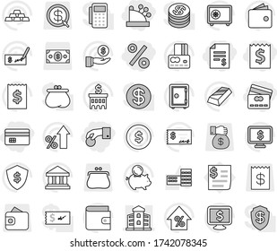 Editable thin line isolated vector icon set - hand coin, credit card, receipt, account balance, percent, cashbox, building, school vector, bank, dollar, gold ingot, wallet, growth, piggy, investment