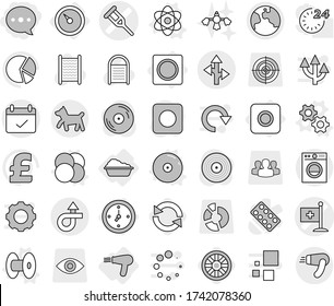 Editable thin line isolated vector icon set - balloon, crutch vector, medical flag, trip, terms, route, earth, dog, barometer, watch, ring button, washing, hair dryer, gears, atom, core, coil, cd