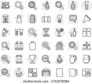 Editable thin line isolated vector icon set - wineglass, test vial vector, flask, building, window, cargo top sign, search, cocktail, mirror, bulb, magnifier, data, coffee maker, bank, ketchup, wine