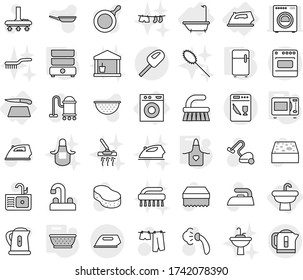Editable thin line isolated vector icon set - sink, bath, iron, washing machine, cutting board, colander, apron, microwave oven, double boiler, fridge, vacuum cleaner vector, fetlock, sponge, clothe