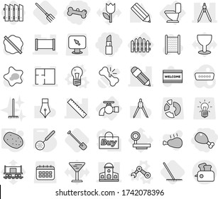 Editable thin line isolated vector icon set - lipstick, chicken leg, bone, pencil, mansion, fence, ruler, drawing compasses, plan, water tap, toilet, bulb vector, robot hand, skimmer, potato, shovel