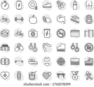 Editable thin line isolated vector icon set - diet vector, barbell, measuring, stadium, stopwatch, bike, weight, hand trainer, horizontal bar, muscule, buttocks, snickers, swimsuite, roller Skates