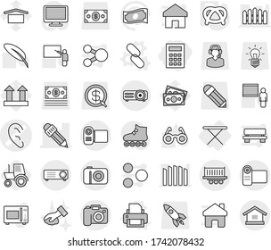 Editable thin line isolated vector icon set - calculator, ear vector, pencil, truck shipping, camera, iron board, printer, link, pretzel, tractor, wiping, microwave oven, pen, blackboard, glasses