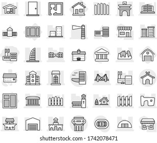 Editable thin line isolated vector icon set - store, arch, bridge, project, building, skyscraper, mall, airport, lighthouse, church, slum, hangare, door, school, district, japanese house, fort, home