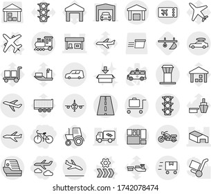 Editable thin line isolated vector icon set - journey, bike, warehouse, gas station, road, plane, traffic light, car shipping, consolidated cargo, fast deliver, train, baggage, motorcycle, ticket