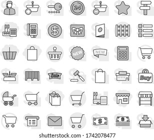 Editable thin line isolated vector icon set - basket, shop, store, shopping bag, mall, pallet, cart, vector, gift, dollar coin, cash, star, sale, new, 24 hour, market, support, buy, barcode, receipt