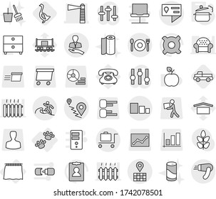 Editable thin line isolated vector icon set - lighthouse, location details, map, route, client, sorting, cafe, surfer, baggage trolley, curtain, pets, steam pan, goose, pickup, bucket and broom, man